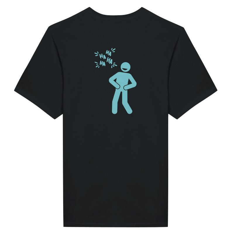 Black t-shirt with a blue graphic of a person laughing and text on the back