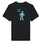 Black t-shirt with a blue graphic of a person laughing and text on the back
