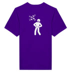 Purple t-shirt with a white stick figure and laughing text on the back