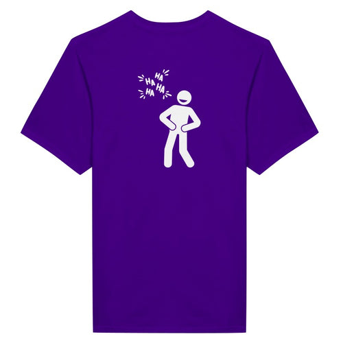 Purple t-shirt with a white stick figure and laughing text on the back