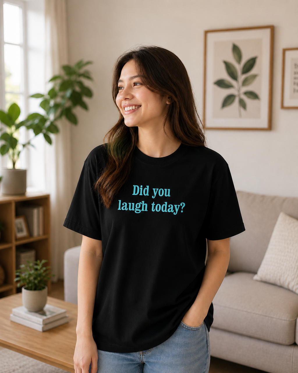 Woman wearing a black t-shirt with 'Did you laugh today?' text in a living room.