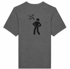 Gray t-shirt with a black stick figure and 'HA HA' text on the back against a white background