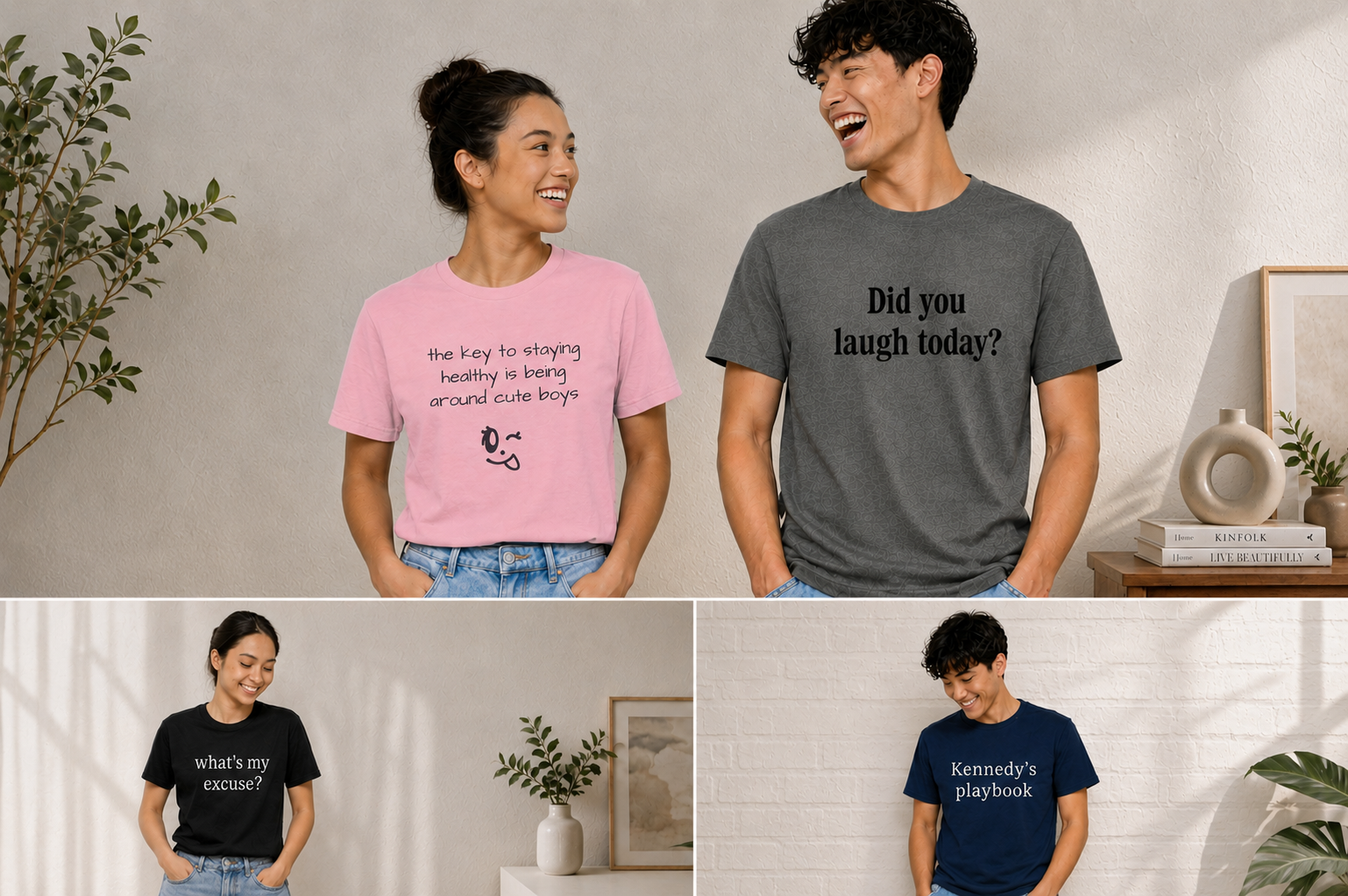 Four people wearing t-shirts with humorous text designs in a home setting.