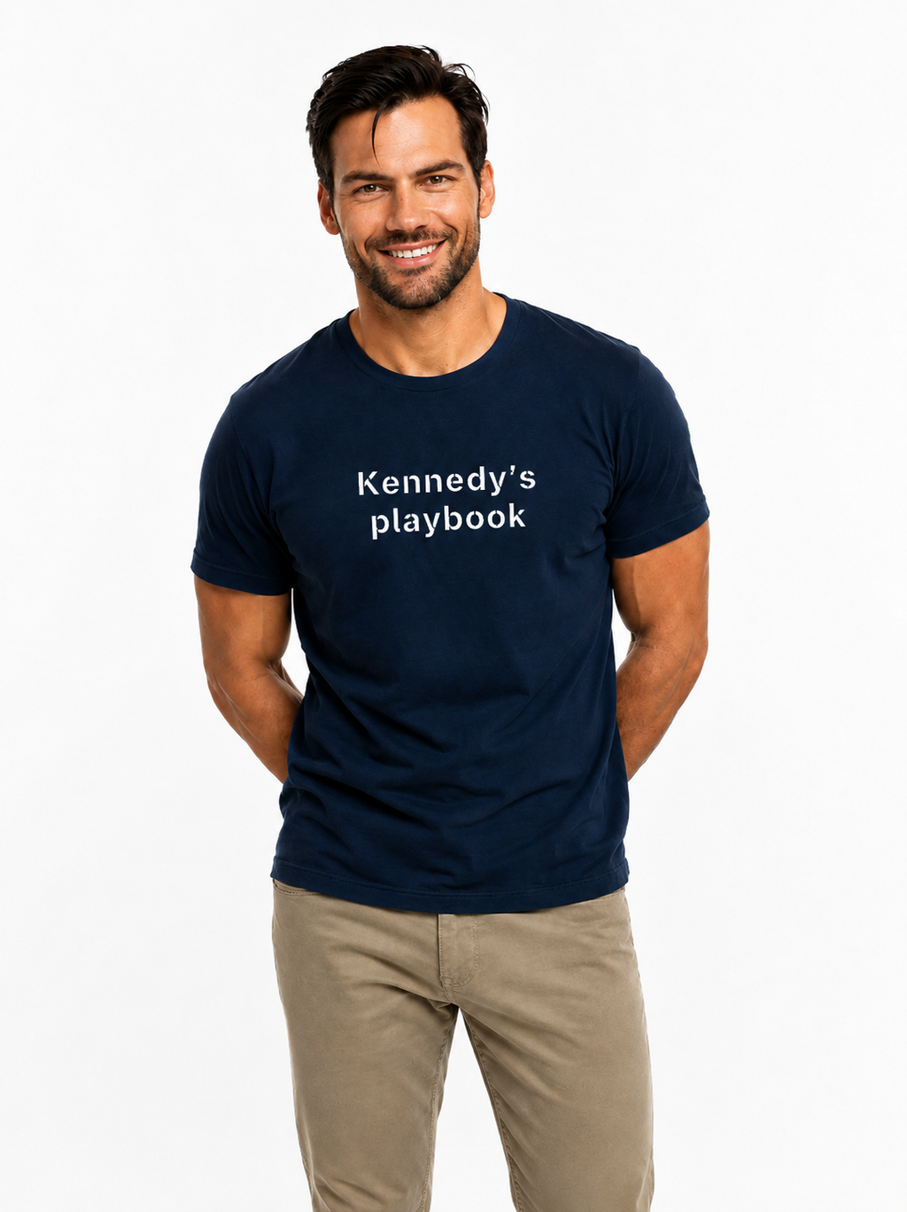 Man wearing a navy blue t-shirt with 'Kennedy's playbook' text, on a white background