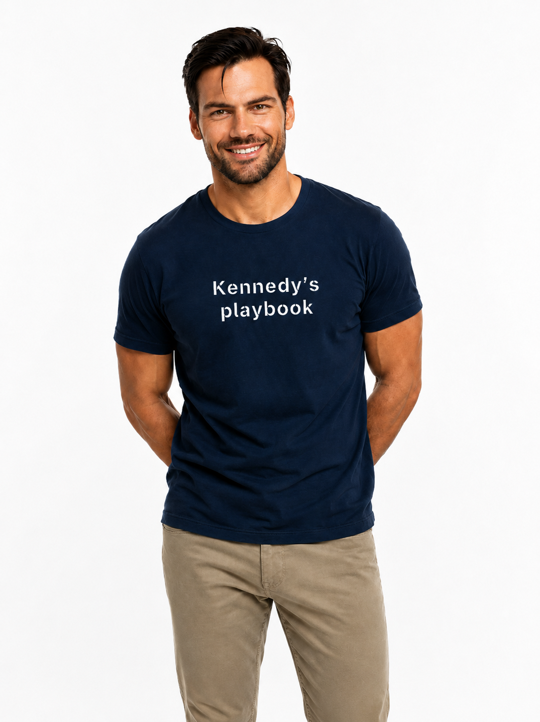 Man wearing a navy blue t-shirt with 'Kennedy's playbook' text, on a white background