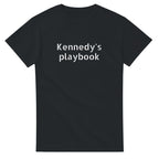 Black t-shirt with 'Kennedy's playbook' text on a white background
