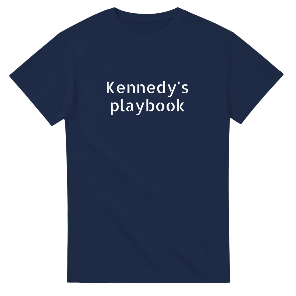 Navy blue t-shirt with 'Kennedy's playbook' text on a white background