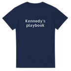 Navy blue t-shirt with 'Kennedy's playbook' text on a white background