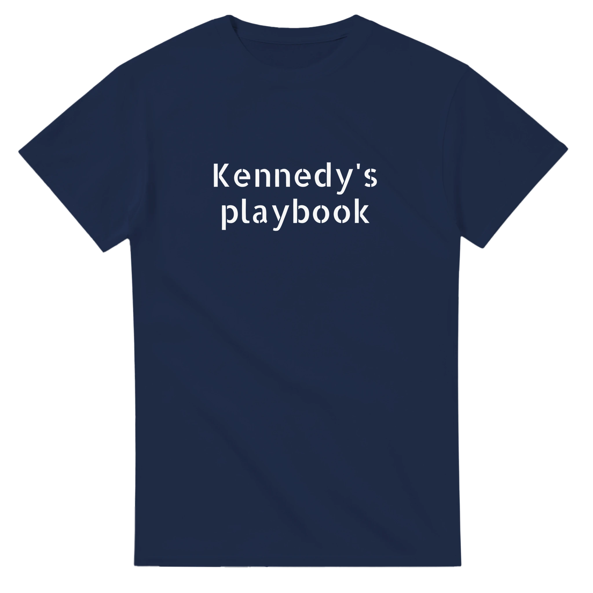 Navy blue t-shirt with 'Kennedy's playbook' text on a white background