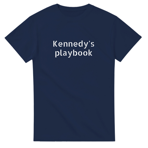 Navy blue t-shirt with 'Kennedy's playbook' text on a white background