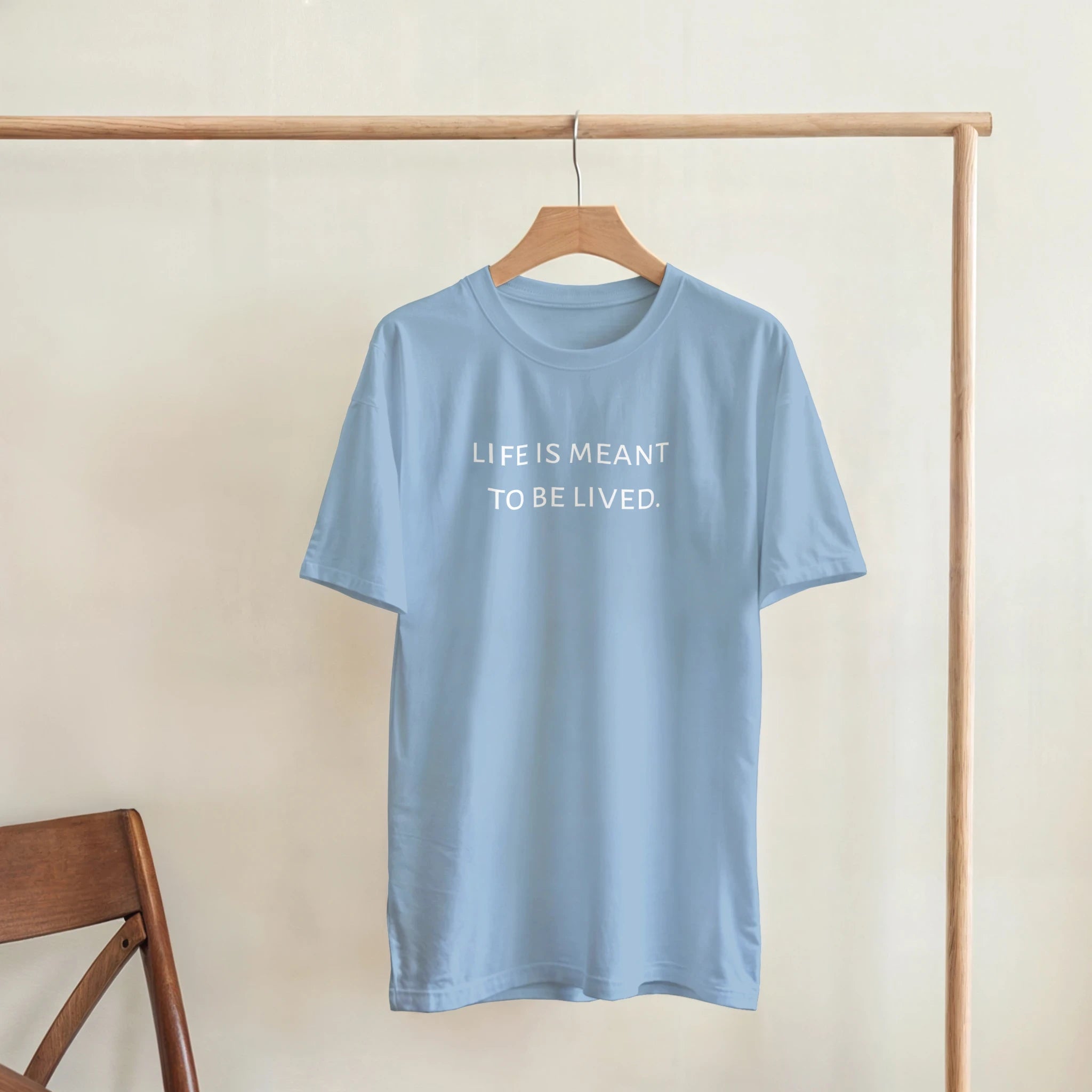 Light blue t-shirt with a dog graphic and text on a wooden hanger against a beige wall.