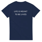 Purple t-shirt with white text on a white background