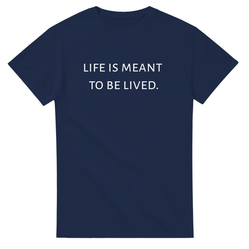 Purple t-shirt with white text on a white background