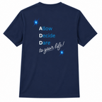 Navy blue t-shirt with motivational quote on the back against a white background