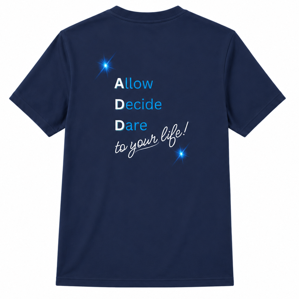 Navy blue t-shirt with motivational quote on the back against a white background