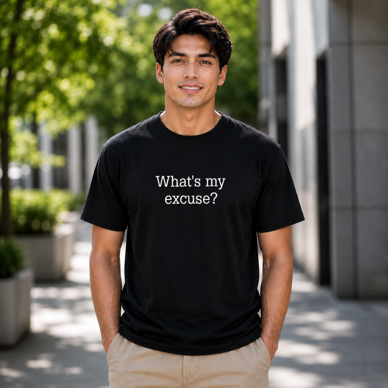 Man wearing a black t-shirt with 'What's my excuse?' text outdoors.