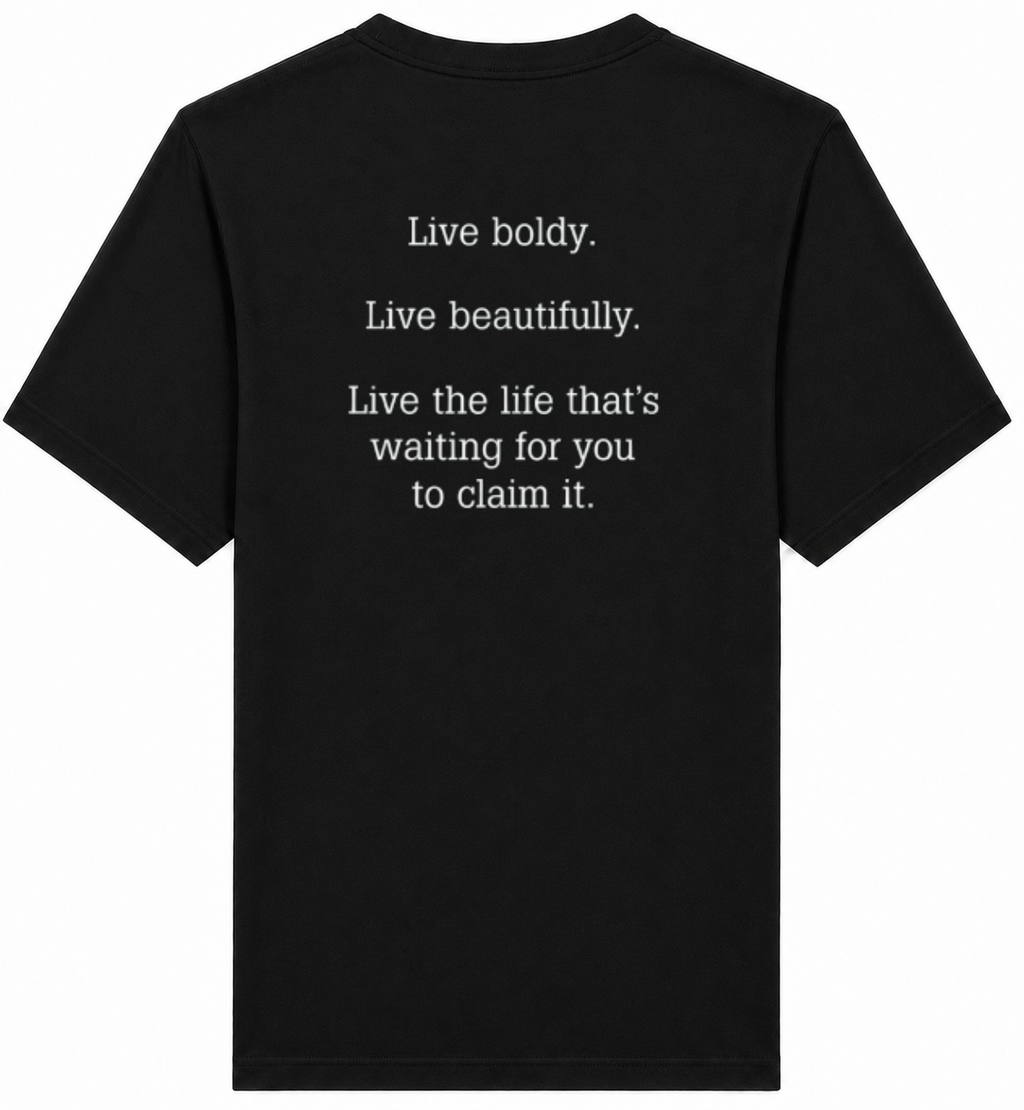 Black t-shirt with motivational quote on the back against a white background