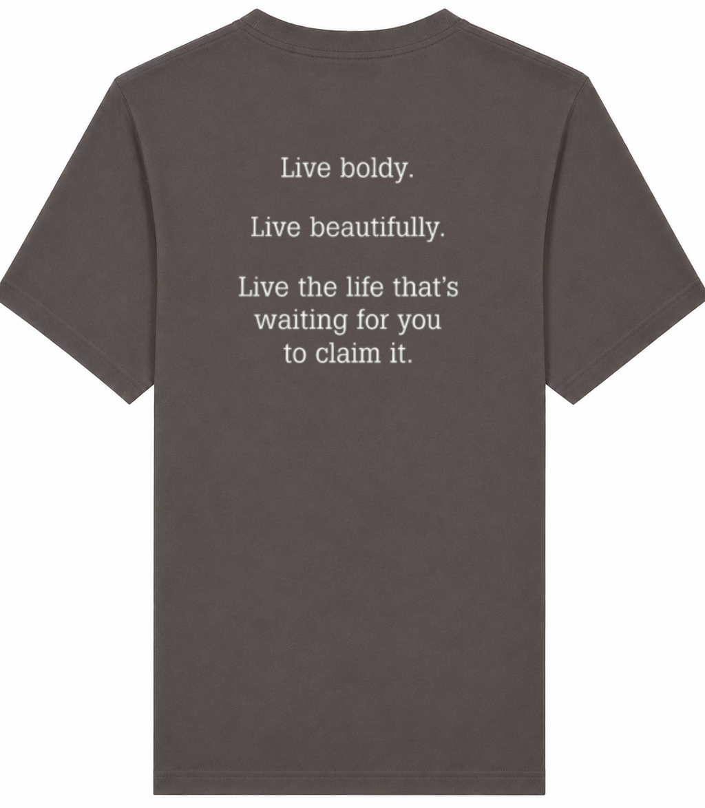 Dark gray t-shirt with motivational quote on the back against a white background