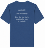 Blue t-shirt with motivational quote on the back against a white background