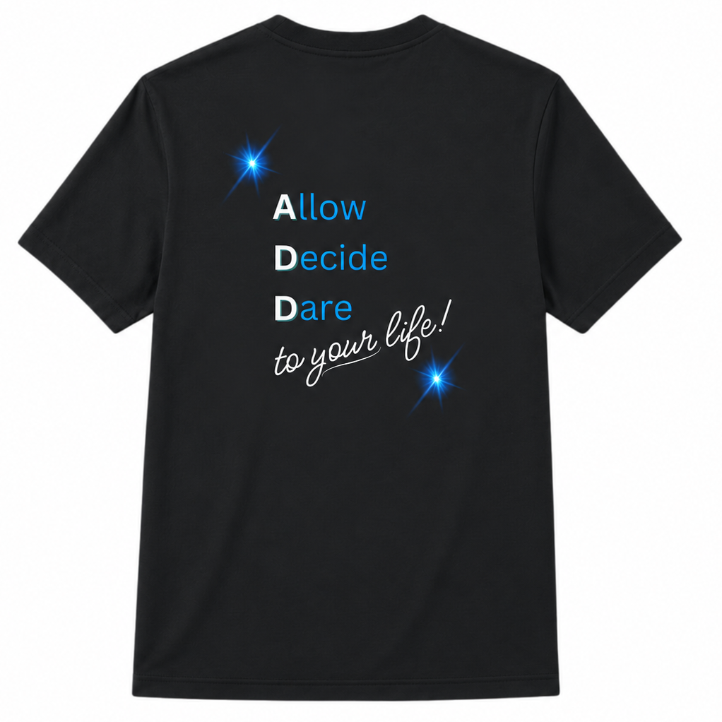 Black t-shirt with motivational quote on the back against a white background